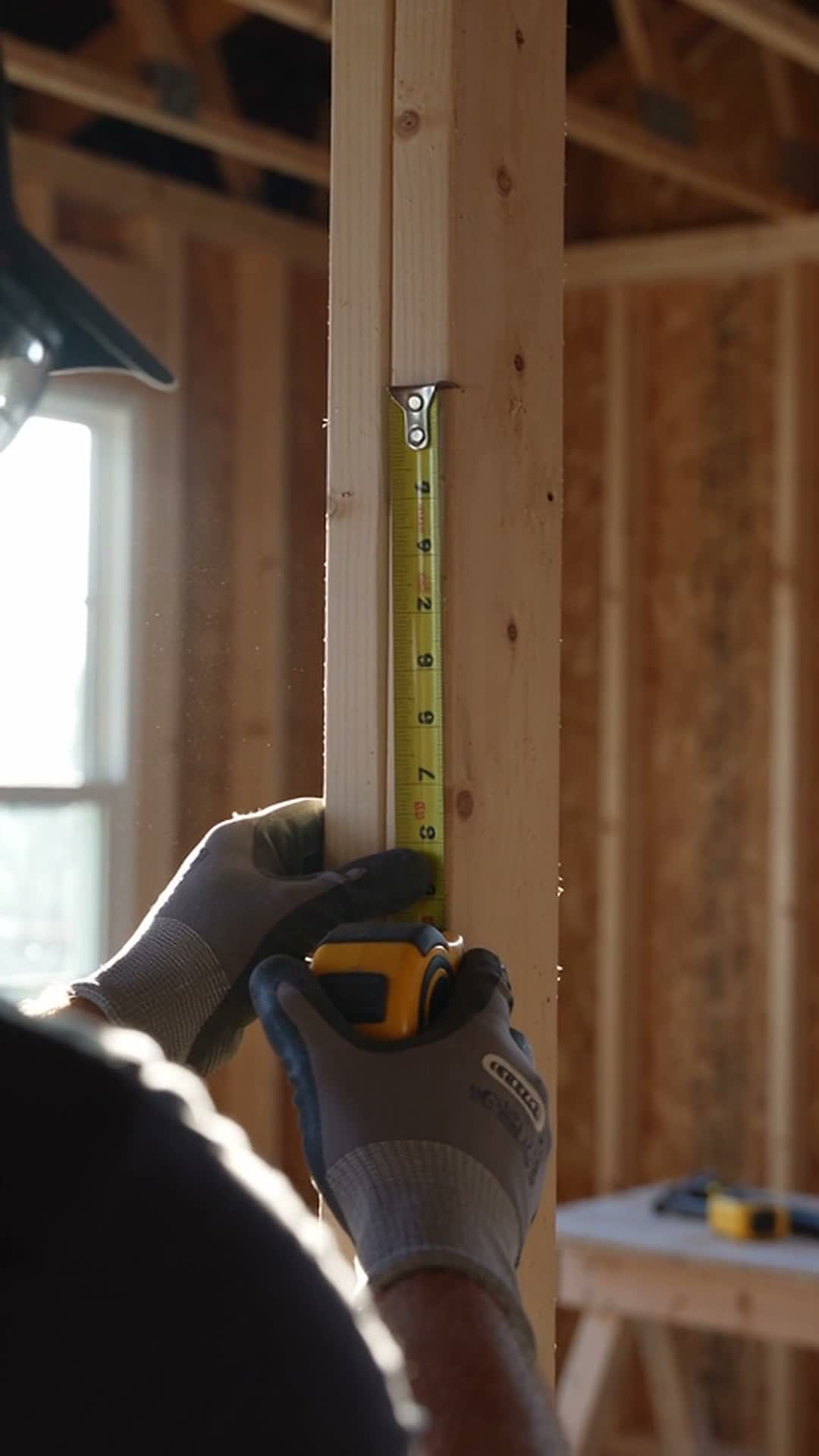 Self-employed contractor measuring framing lumber on a job site